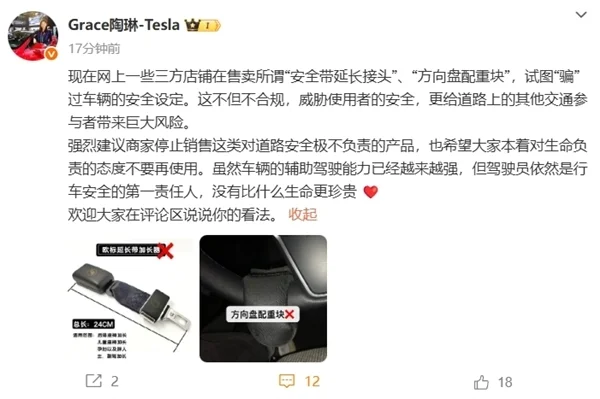 “夺命配件”真的要命！特斯拉陶琳：希望大家本着对生命负责的态度不要再使用